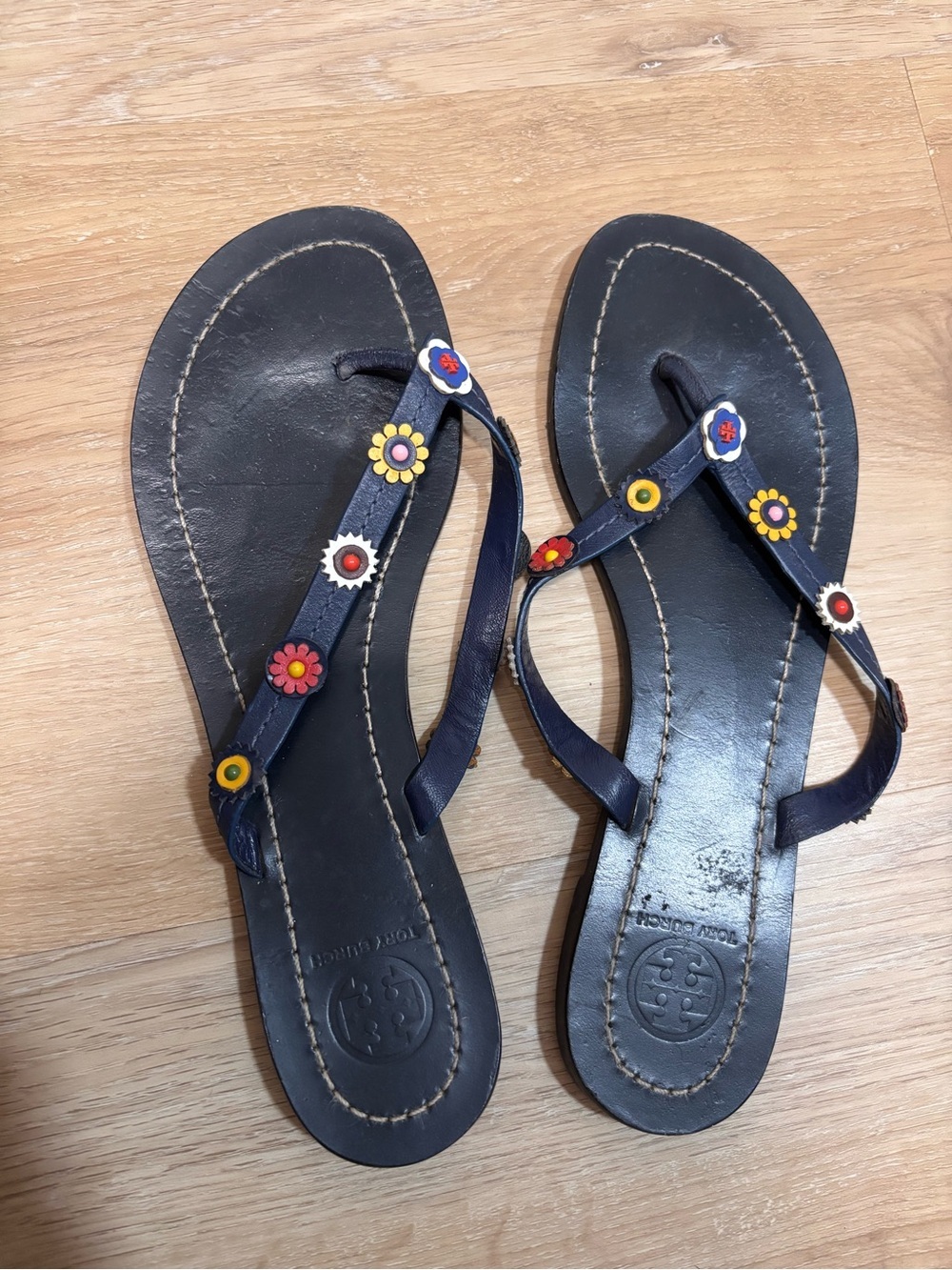 Tory Burch Navy Floral Leather Thong Sandals size 8M